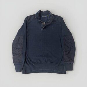 Polo Ralph Lauren Men’s L Navy Quarter Zip Sweater Buttons Elbow/Shoulder Patch